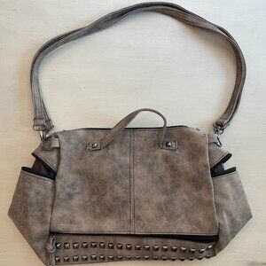 Pyramid Studded Grey-Tan Shoulder Bag